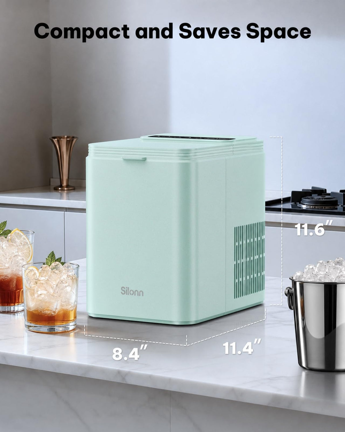 Silonn Ice Maker Countertop, Portable Ice Machine with Carry Handle, Self-Cleaning Ice Makers with Basket and Scoop, 9 Cubes in 6 Mins, 26 lbs per Day, Ideal for Home, Kitchen, Camping, RV