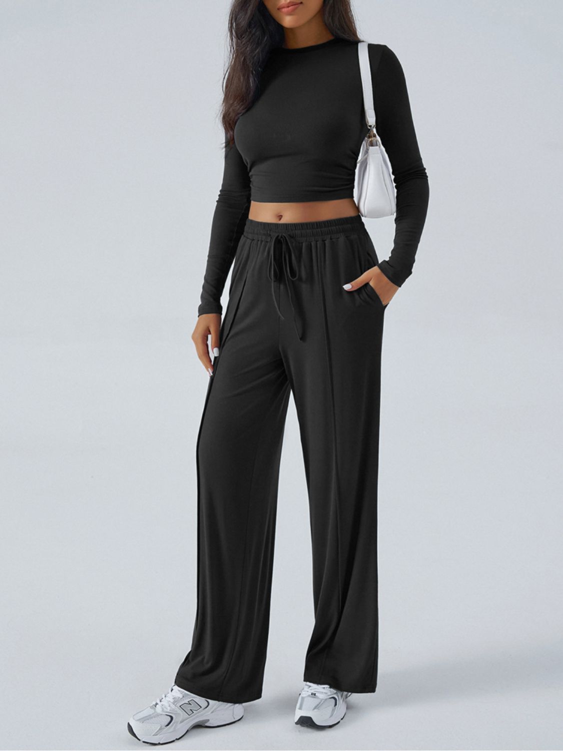 Devine Round Neck Long Sleeve Top and Pants Set Trendsi