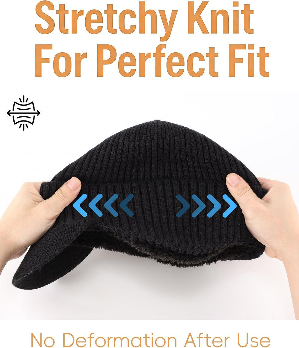 Men'S Beanie with Brim & Ear Flaps Fleece Lined Knit Winter Hat