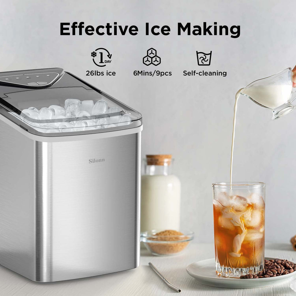 Silonn Ice Maker Countertop, Portable Ice Machine with Carry Handle, Self-Cleaning Ice Makers with Basket and Scoop, 9 Cubes in 6 Mins, 26 lbs per Day, Ideal for Home, Kitchen, Camping, RV