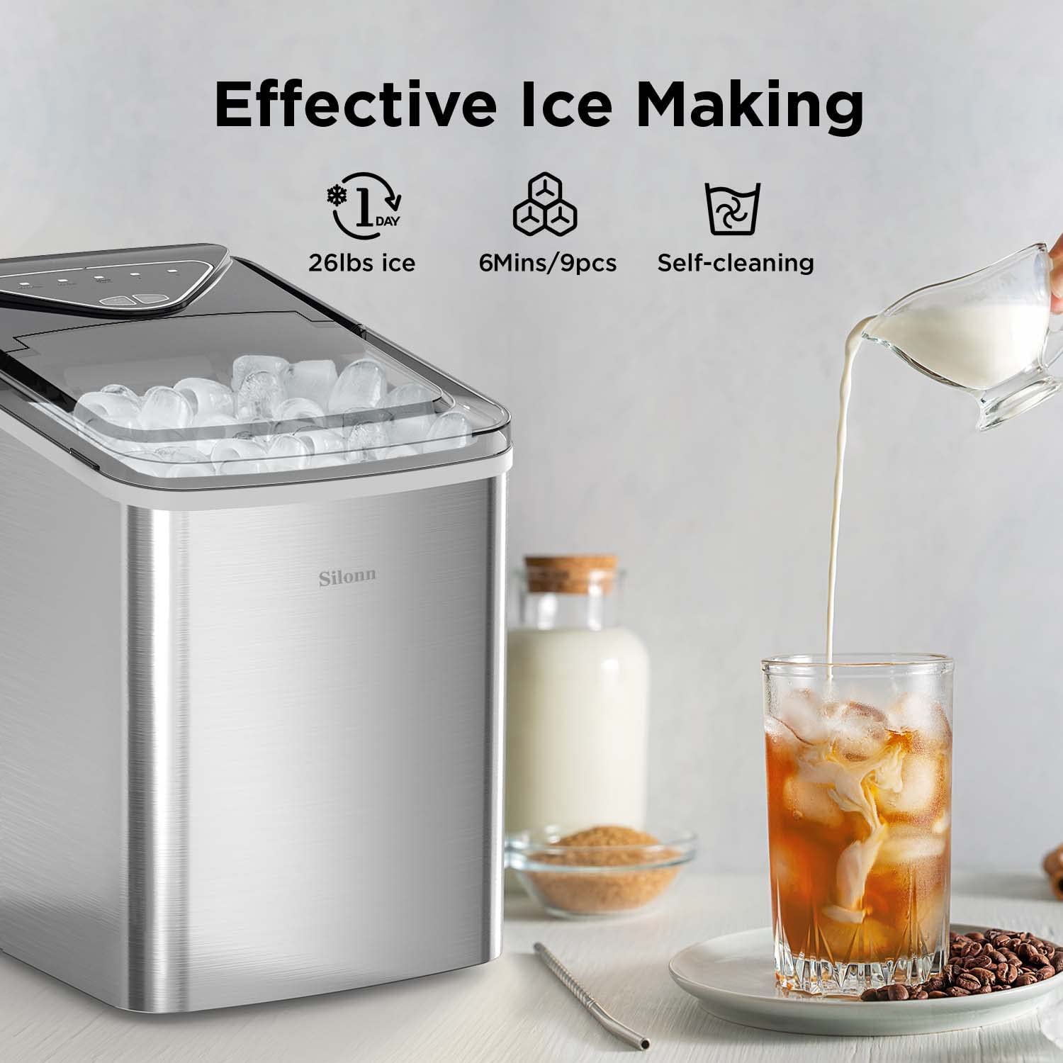 Silonn Ice Maker Countertop, Portable Ice Machine with Carry Handle, Self-Cleaning Ice Makers with Basket and Scoop, 9 Cubes in 6 Mins, 26 lbs per Day, Ideal for Home, Kitchen, Camping, RV