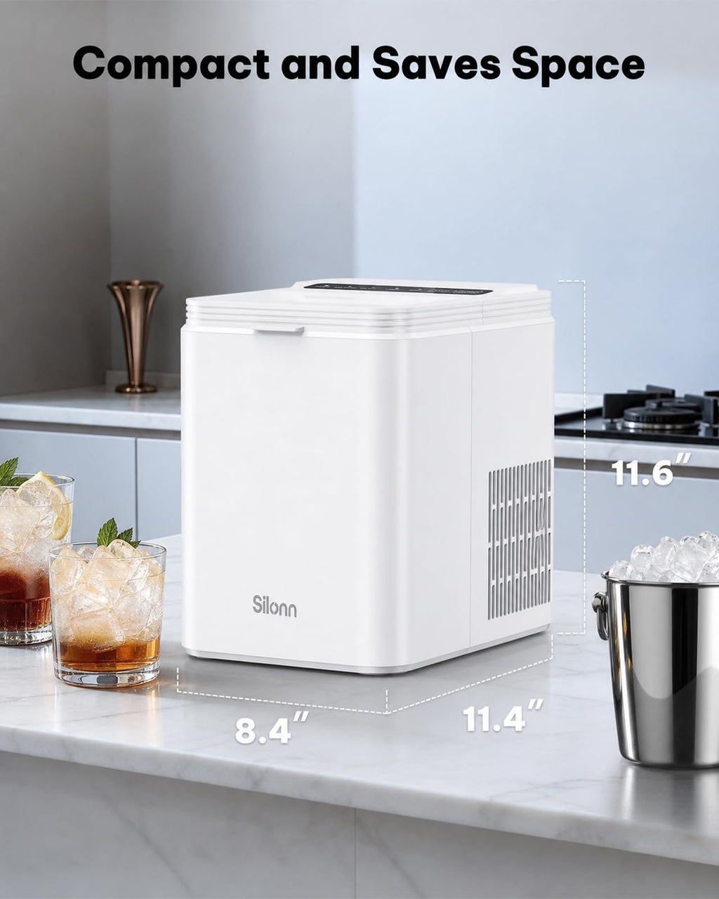 Silonn Ice Maker Countertop, Portable Ice Machine with Carry Handle, Self-Cleaning Ice Makers with Basket and Scoop, 9 Cubes in 6 Mins, 26 lbs per Day, Ideal for Home, Kitchen, Camping, RV