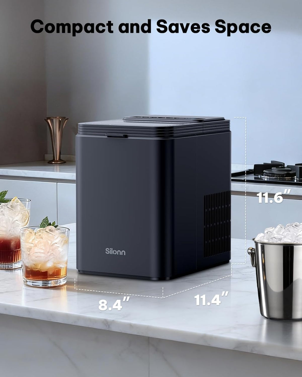 Silonn Ice Maker Countertop, Portable Ice Machine with Carry Handle, Self-Cleaning Ice Makers with Basket and Scoop, 9 Cubes in 6 Mins, 26 lbs per Day, Ideal for Home, Kitchen, Camping, RV