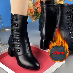 Ladies Warm Side Button Leather Boots