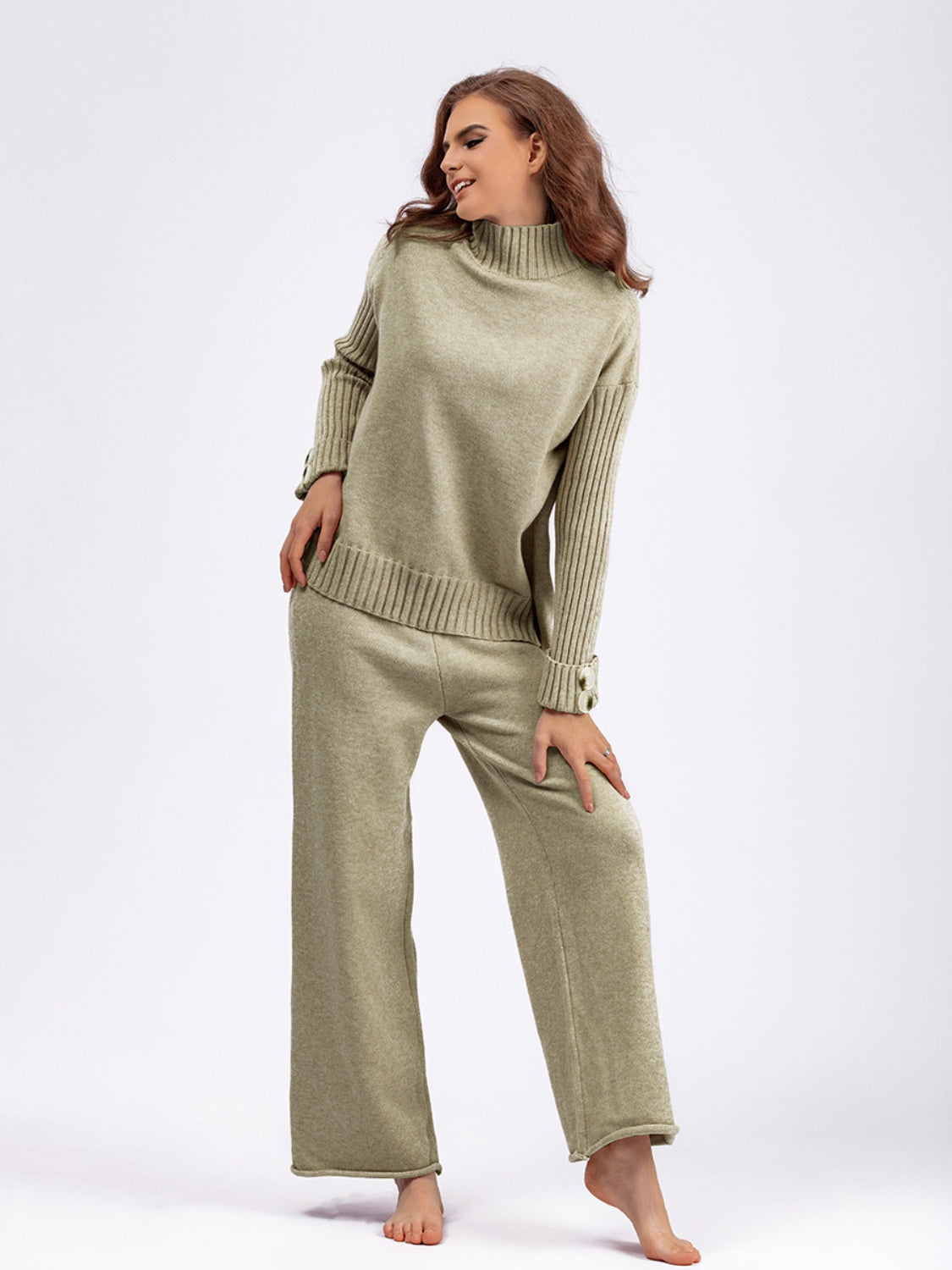 Basic Bae High- Low Turtleneck Long Sleeve Top and Pants Sweater Set Trendsi