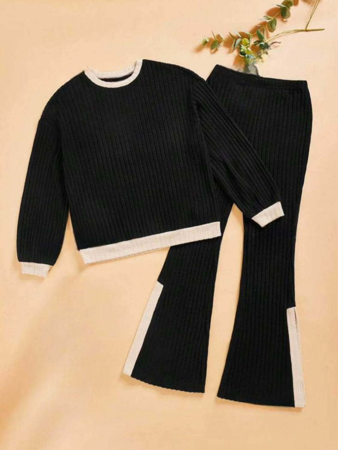 Contrast Round Neck Long Sleeve Top and Bootcut Pants Set Trendsi