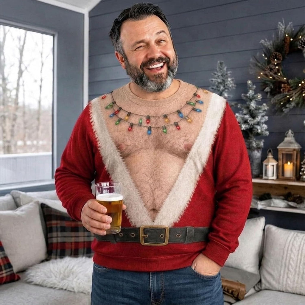 Men Ugly Christmas Sweater 3D Chest Hairy Santa Funny Sweatshir