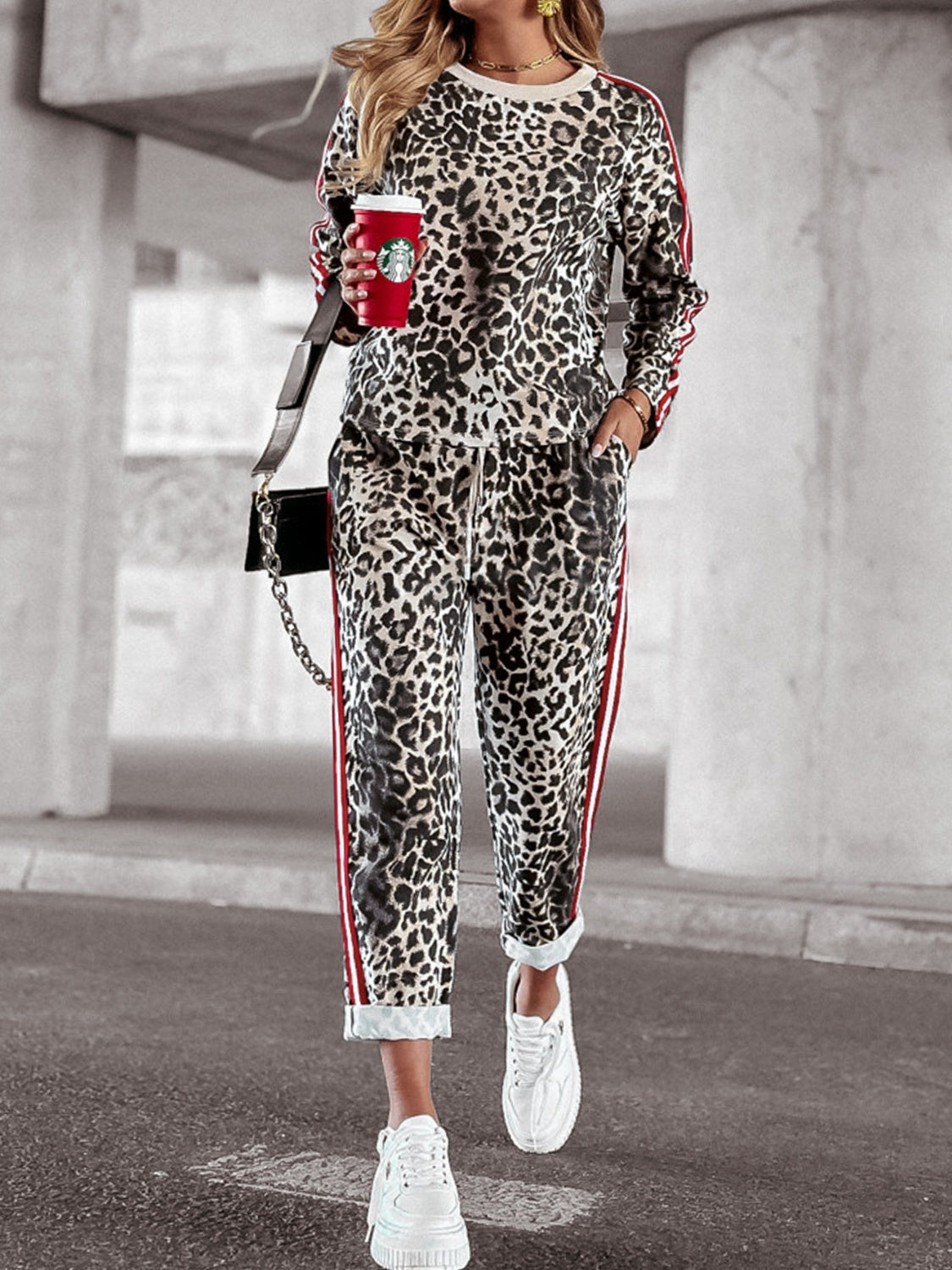 Leopard Round Neck Long Sleeve Top and Pants Set Trendsi