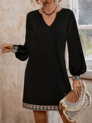 Embroidered Notched Long Sleeve Mini Dress Trendsi