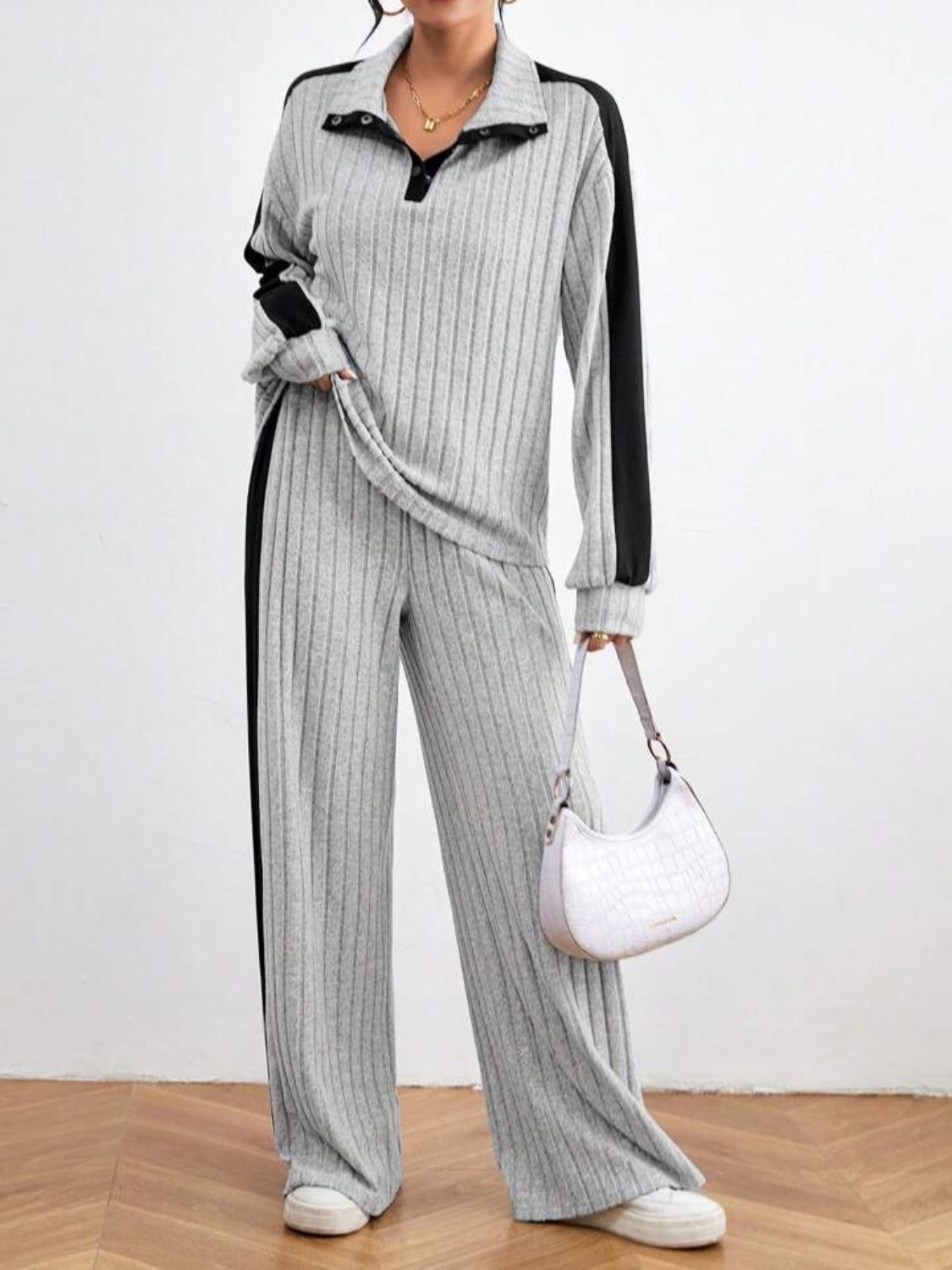 Contrast Collared Neck Long Sleeve Top and Pants Set Trendsi