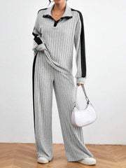 Contrast Collared Neck Long Sleeve Top and Pants Set Trendsi