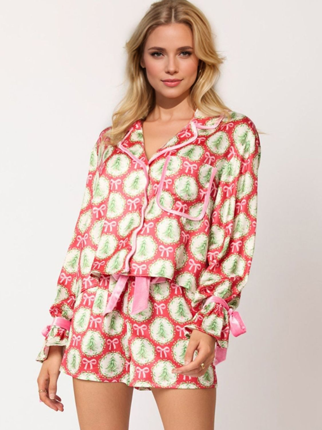 Tied Printed Collared Neck Long Sleeve Top and Shorts Set Trendsi