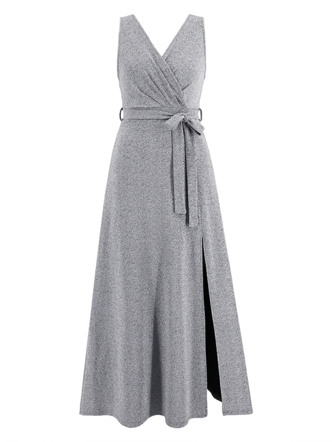 Slit Surplice Tie Waist Sleeveless Dress Trendsi