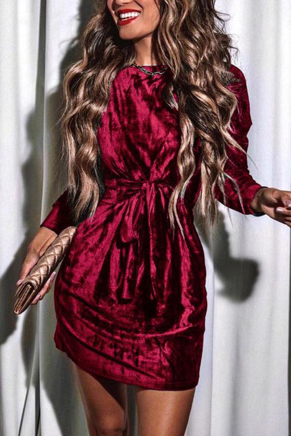 MeiMei Tied Round Neck Long Sleeve Dress Trendsi