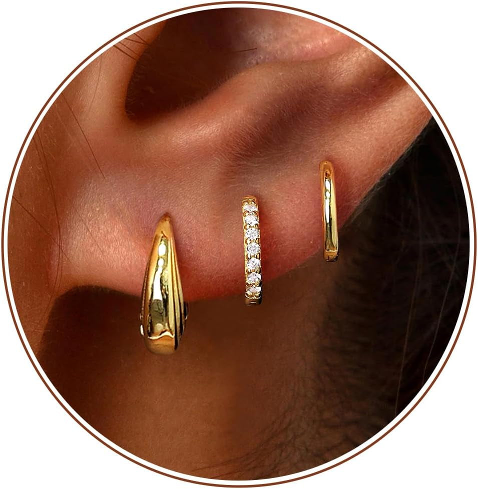 Small Sterling Silver Huggie Hoop Earrings Set for Women, Hypoallergenic 14K Gold Plated Hoops Stacks for Multiple Piercings, Dainty Cute Mini Lightweight Cartilage Studs Trendy Jewelry Gift