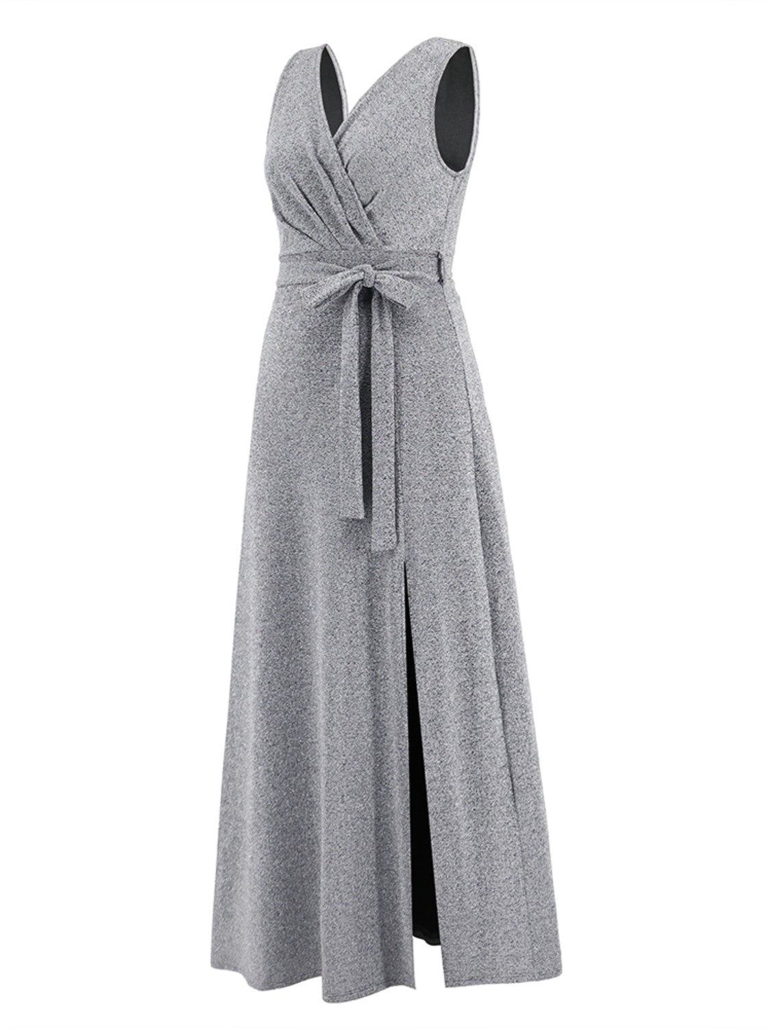 Slit Surplice Tie Waist Sleeveless Dress Trendsi