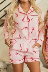 Candy Cane Collared Neck Long Sleeve Top and Shorts Lounge Set Trendsi