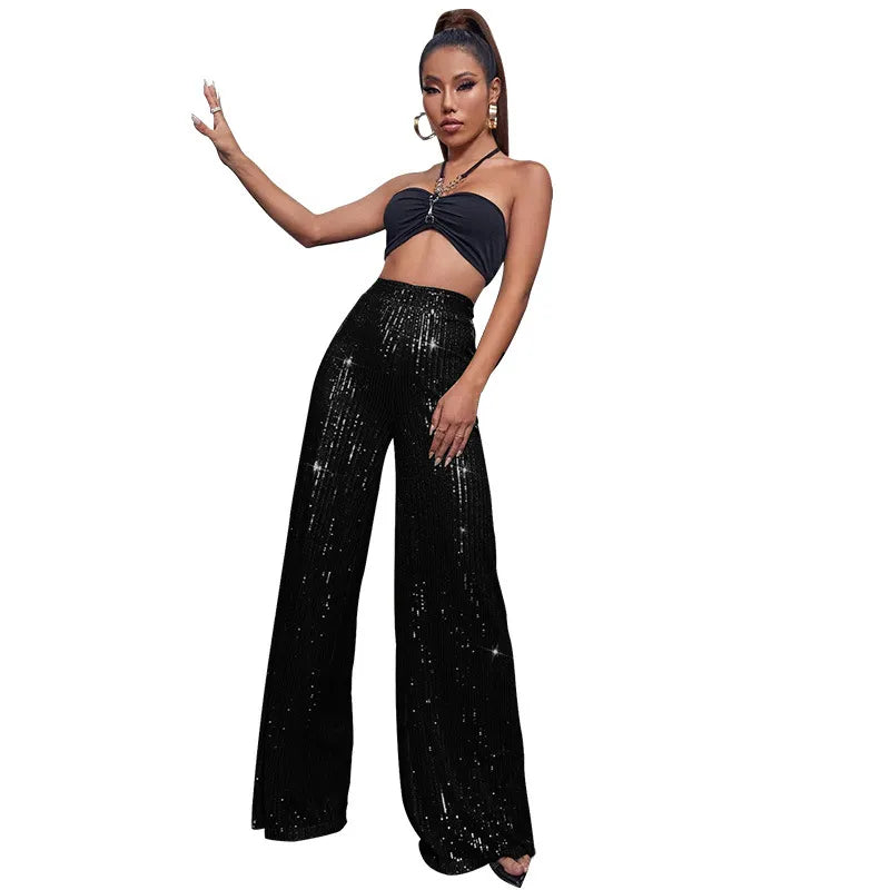 Step Out in Style with GlamFlow™ High-Waist Sequined Wide-Leg Pants