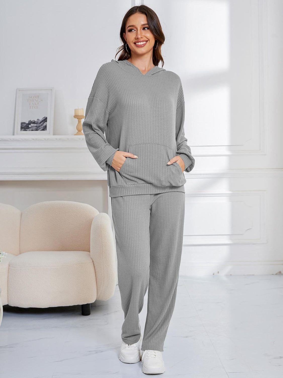 Dropped Shoulder Long Sleeve Hoodie and Pants Set Trendsi