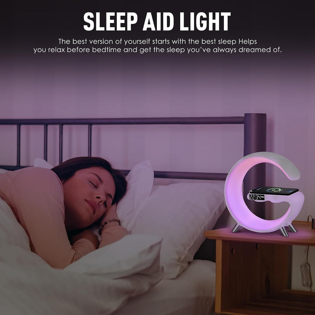 Smart LED Table Lamp, 4-In-1 Wireless Charger, Night Light, Alarm Clock, Bluetooth Speaker with App Control, Bedside Lamp with Charging Station for Bedroom, Office, Home Decor, Teen Girls Boys Gifts