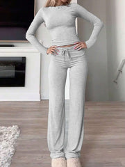 Round Neck Long Sleeve Top and Drawstring Pants Set Trendsi