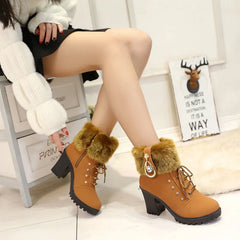 Plush Martin Boots with Lace-Up High Heels