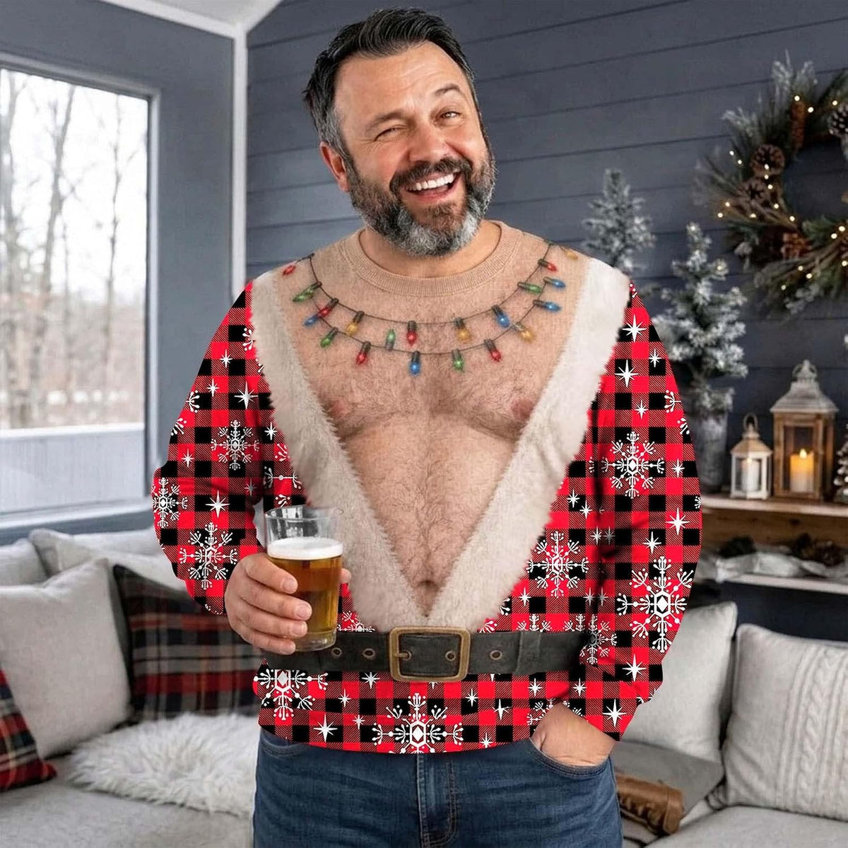 Ugly Christmas Sweater 2026 Funny 3D Christmas Santa Hairy Chest Sweatshirt