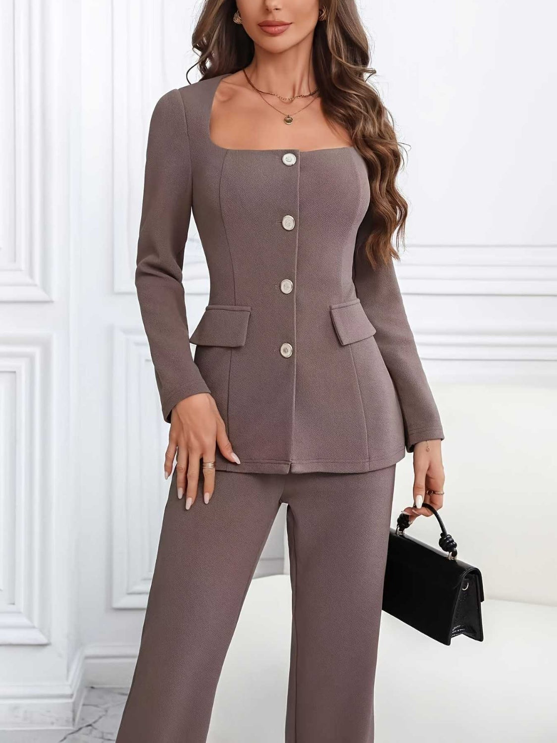 Square Neck Button Up Blazer and Pants Set Trendsi