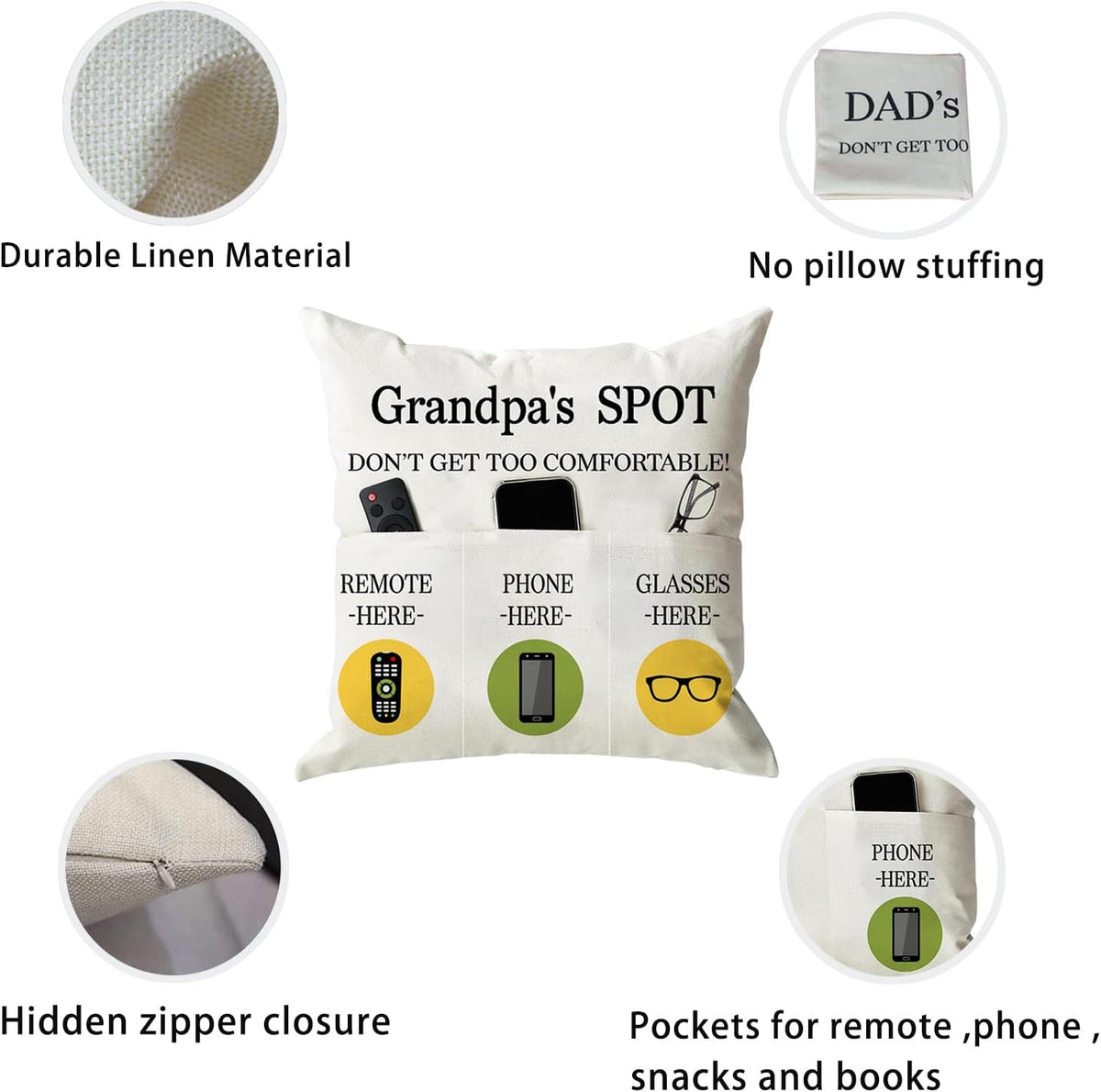 Grandpa Gifts,Grandpa'S Spot Throw Pillow Covers 18X18 Inch,Put Phone Glasses and Remote Control Pillowcase,Birthday Christmas Thanksgiving Day Gifts for Grandpa Stepdad,3-Pocket