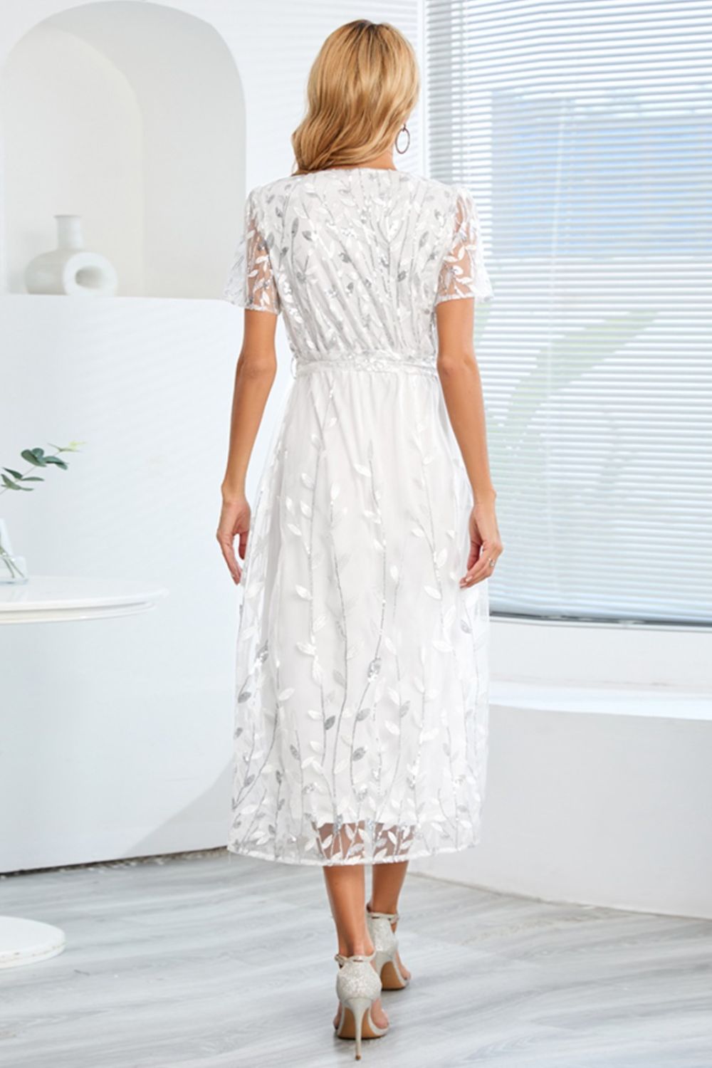 Sequin Leaf Embroidery Tie Front Short Sleeve Dress Trendsi