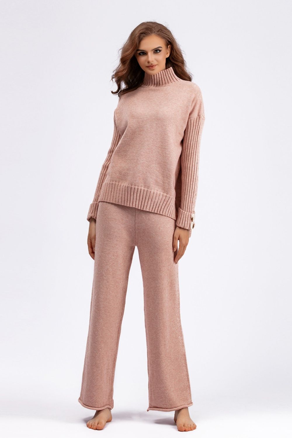 Basic Bae High- Low Turtleneck Long Sleeve Top and Pants Sweater Set Trendsi