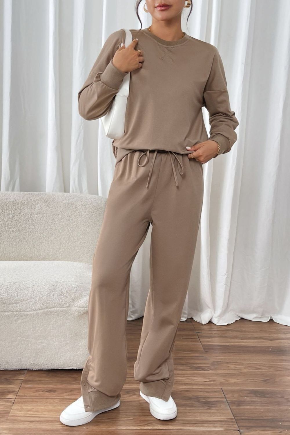 Perfee Round Neck Long Sleeve Top and Pants Set Trendsi