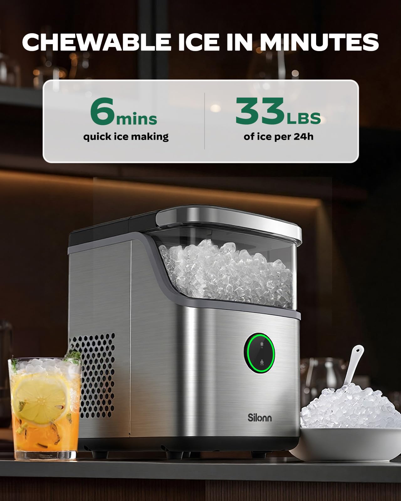 Silonn Ice Maker Countertop, Portable Ice Machine with Carry Handle, Self-Cleaning Ice Makers with Basket and Scoop, 9 Cubes in 6 Mins, 26 lbs per Day, Ideal for Home, Kitchen, Camping, RV