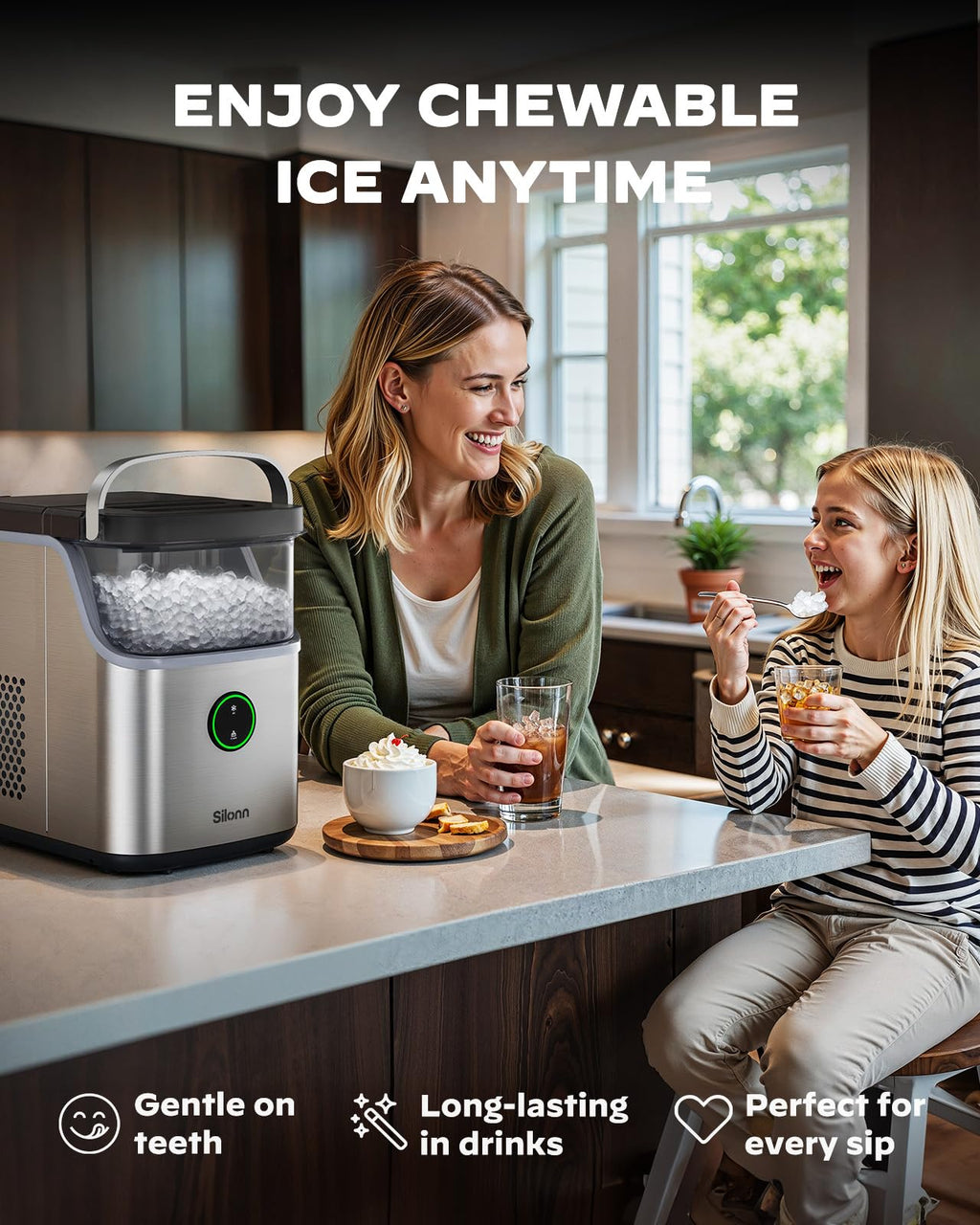 Silonn Ice Maker Countertop, Portable Ice Machine with Carry Handle, Self-Cleaning Ice Makers with Basket and Scoop, 9 Cubes in 6 Mins, 26 lbs per Day, Ideal for Home, Kitchen, Camping, RV