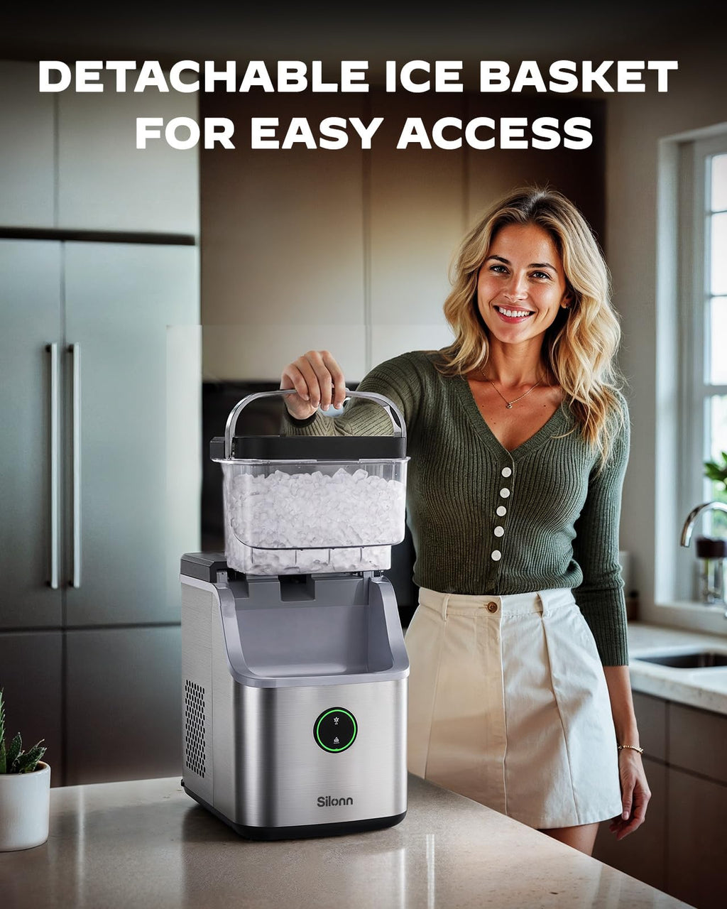 Silonn Ice Maker Countertop, Portable Ice Machine with Carry Handle, Self-Cleaning Ice Makers with Basket and Scoop, 9 Cubes in 6 Mins, 26 lbs per Day, Ideal for Home, Kitchen, Camping, RV