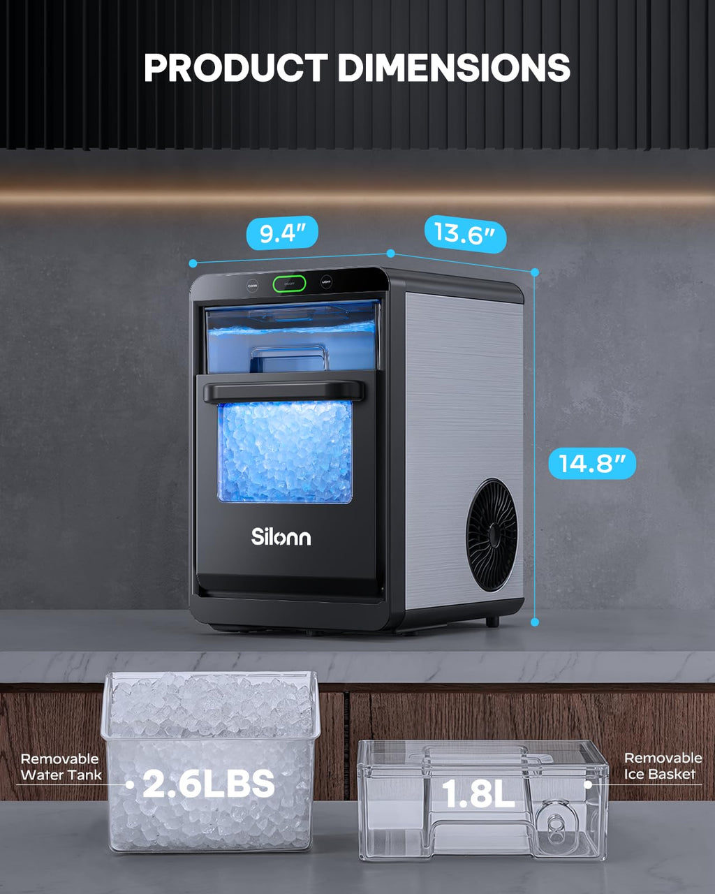 Silonn Ice Maker Countertop, Portable Ice Machine with Carry Handle, Self-Cleaning Ice Makers with Basket and Scoop, 9 Cubes in 6 Mins, 26 lbs per Day, Ideal for Home, Kitchen, Camping, RV