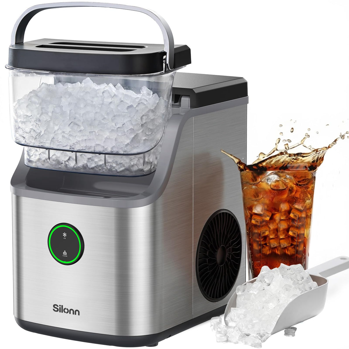 Silonn Ice Maker Countertop, Portable Ice Machine with Carry Handle, Self-Cleaning Ice Makers with Basket and Scoop, 9 Cubes in 6 Mins, 26 lbs per Day, Ideal for Home, Kitchen, Camping, RV