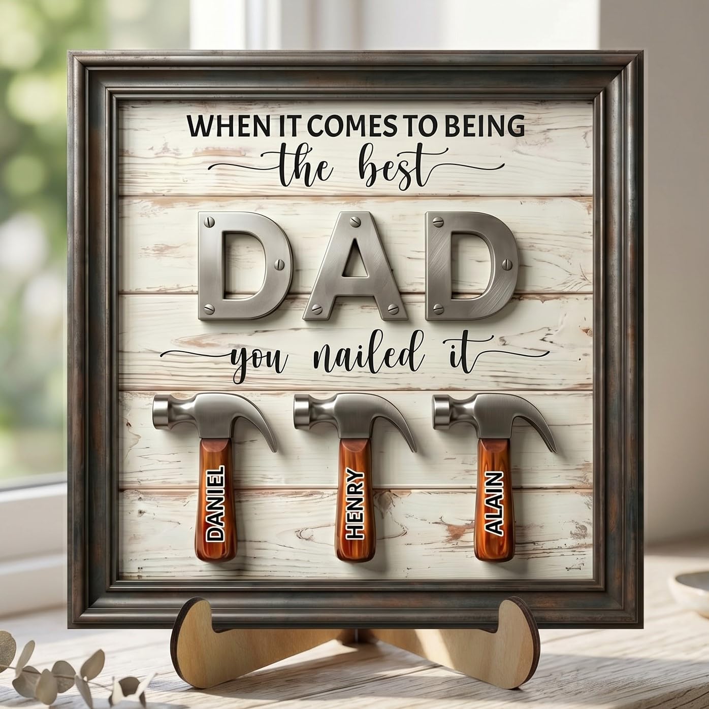 10" Best Dad Ever Hands Down Sign DIY Dad Gifts from Kids Handprint Kit with Acrylic Paint, Toddler Craft Birthday Gift Father's Day for Daddy, Papa Family Plaque with Daughter, Son Names HF90-D