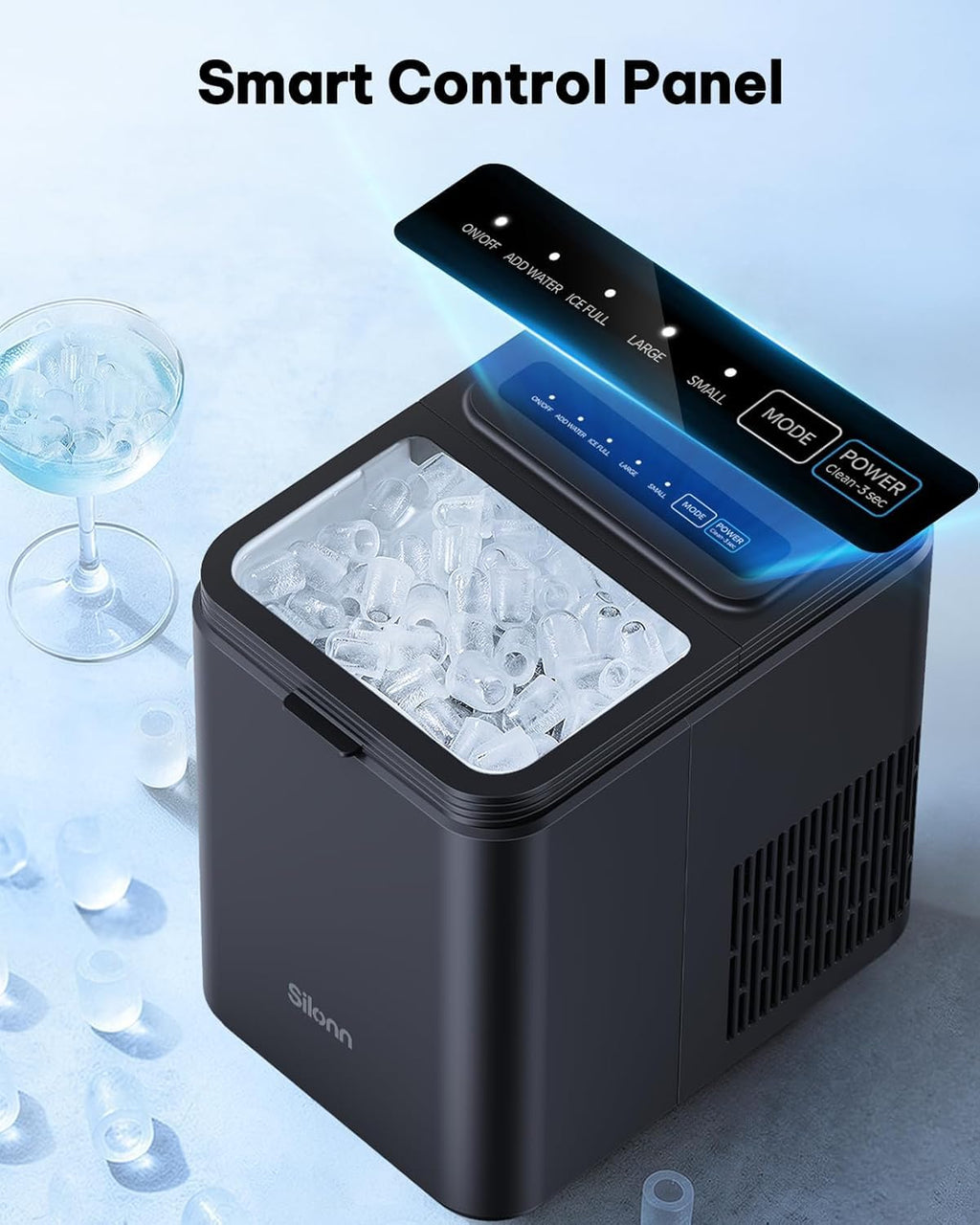 Silonn Ice Maker Countertop, Portable Ice Machine with Carry Handle, Self-Cleaning Ice Makers with Basket and Scoop, 9 Cubes in 6 Mins, 26 lbs per Day, Ideal for Home, Kitchen, Camping, RV