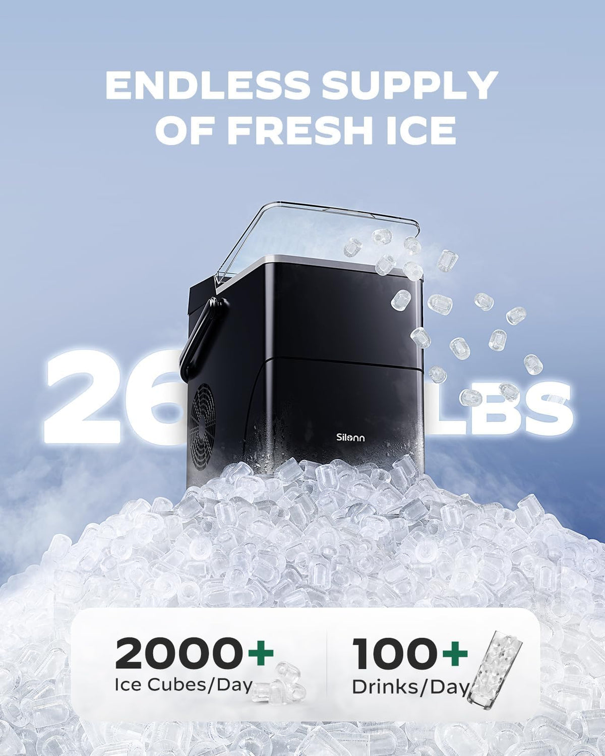 Silonn Ice Maker Countertop, Portable Ice Machine with Carry Handle, Self-Cleaning Ice Makers with Basket and Scoop, 9 Cubes in 6 Mins, 26 lbs per Day, Ideal for Home, Kitchen, Camping, RV