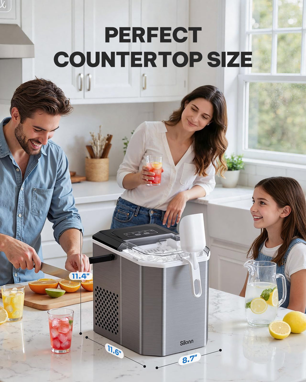 Silonn Ice Maker Countertop, Portable Ice Machine with Carry Handle, Self-Cleaning Ice Makers with Basket and Scoop, 9 Cubes in 6 Mins, 26 lbs per Day, Ideal for Home, Kitchen, Camping, RV