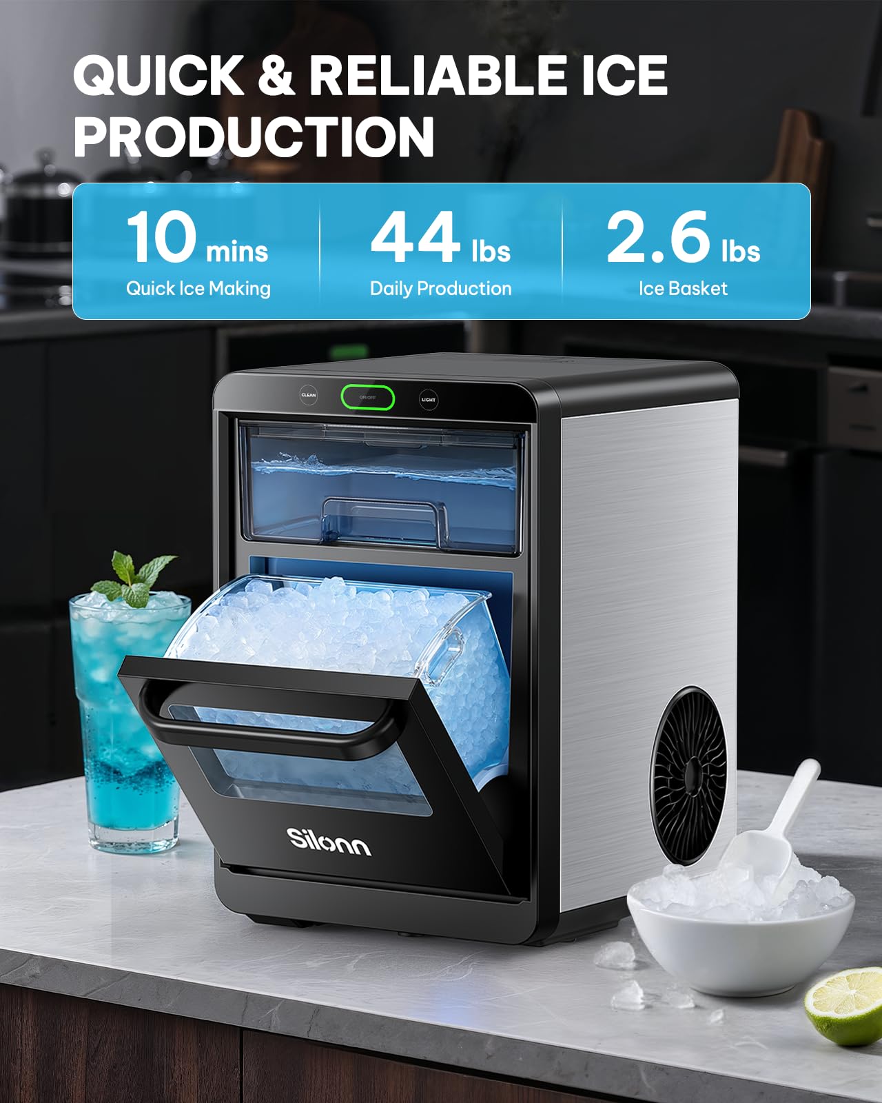 Silonn Ice Maker Countertop, Portable Ice Machine with Carry Handle, Self-Cleaning Ice Makers with Basket and Scoop, 9 Cubes in 6 Mins, 26 lbs per Day, Ideal for Home, Kitchen, Camping, RV