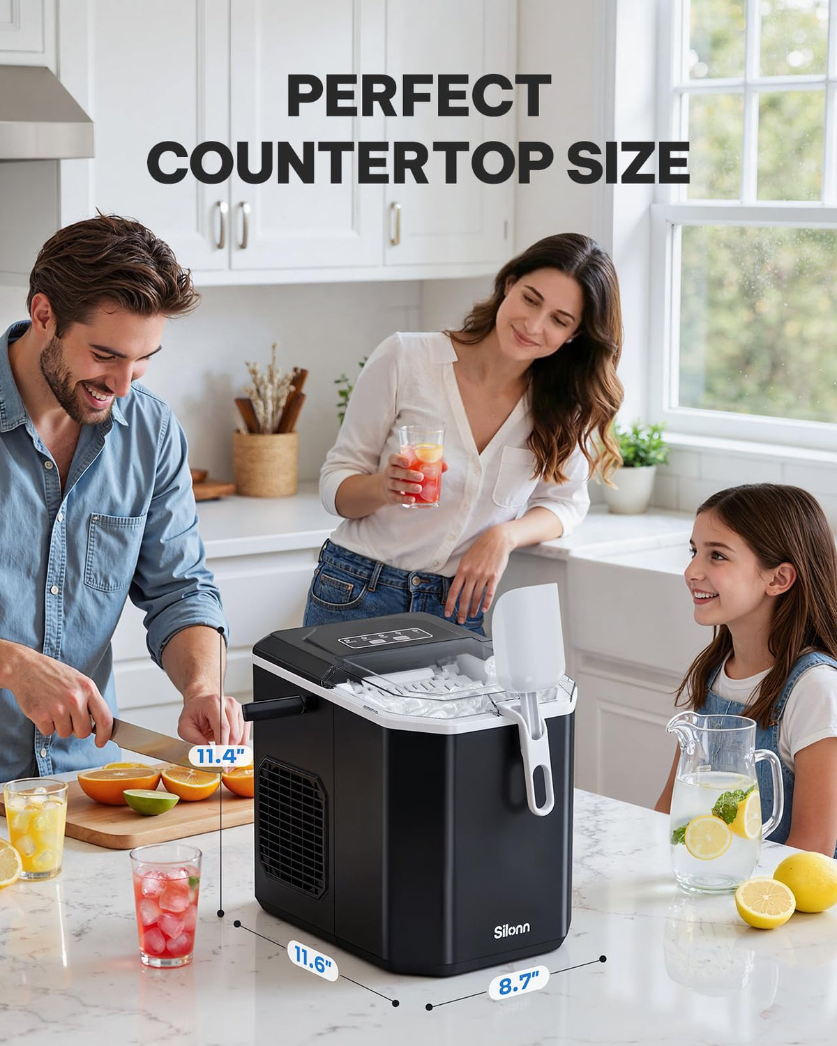 Silonn Ice Maker Countertop, Portable Ice Machine with Carry Handle, Self-Cleaning Ice Makers with Basket and Scoop, 9 Cubes in 6 Mins, 26 lbs per Day, Ideal for Home, Kitchen, Camping, RV