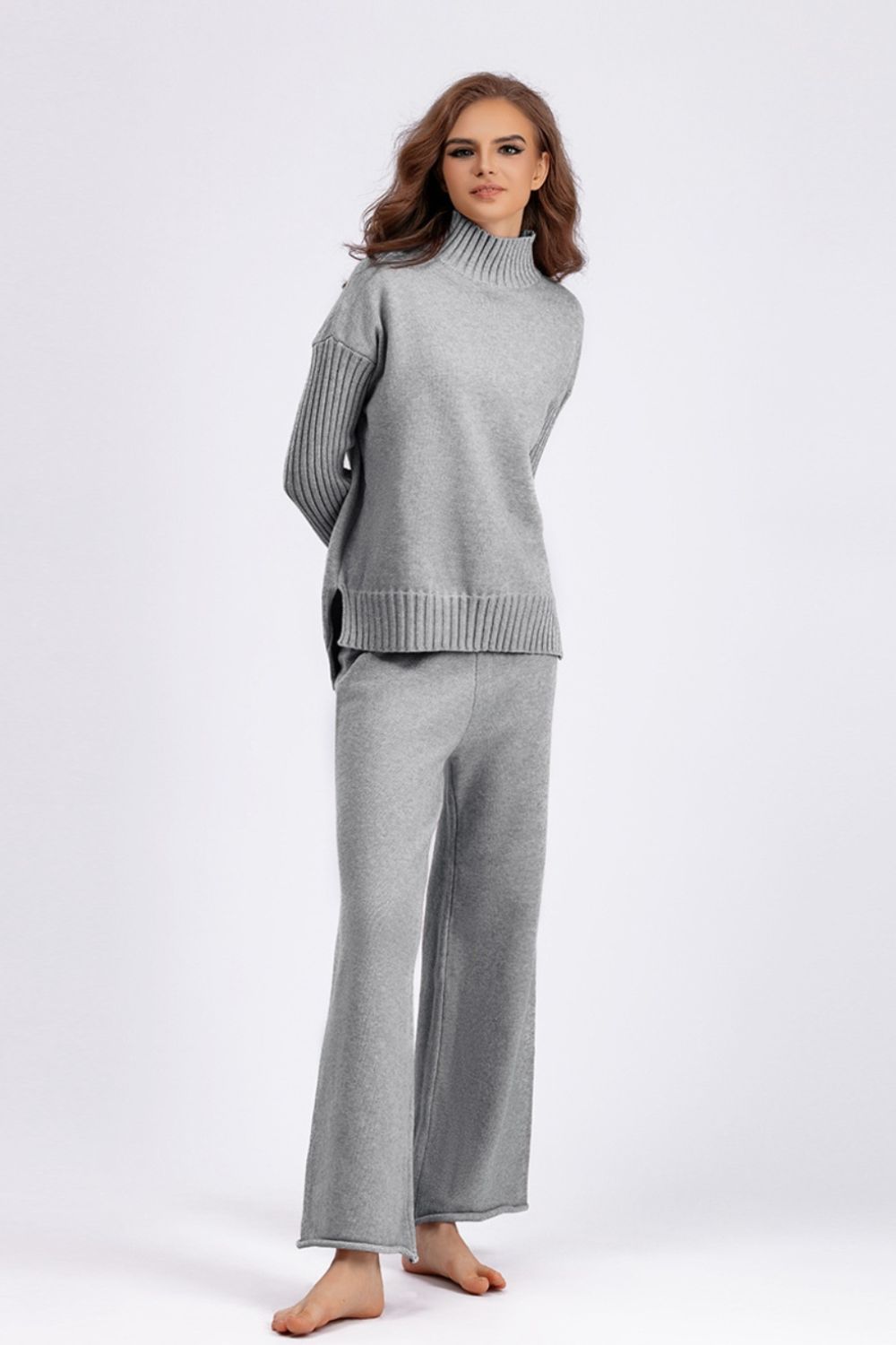 Basic Bae High- Low Turtleneck Long Sleeve Top and Pants Sweater Set Trendsi