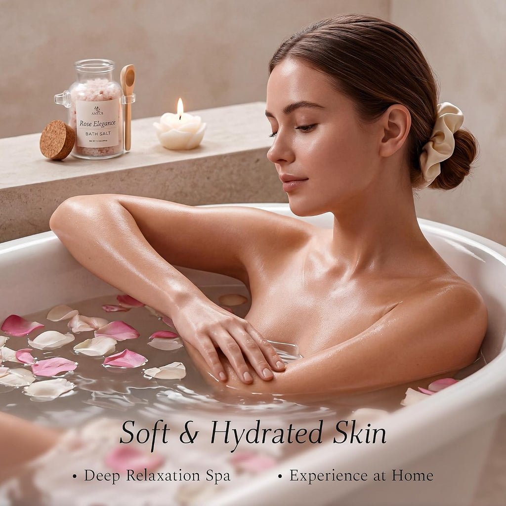 Rose Bath Gift Set for Women – Luxury Spa Gift Basket with Rose Candle, Bath Salt, Bath Bomb, Self Care Kit – Elegant Birthday Gift for Mom, Wife or Girlfriend, Bridal Shower Gifts for Bride