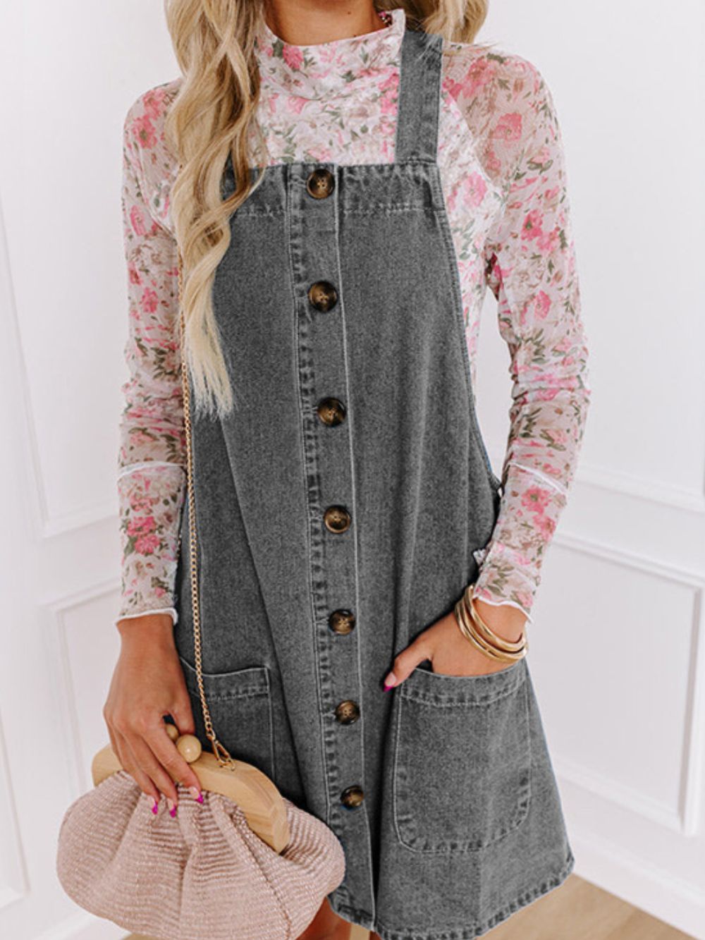 Wide Strap Button Down Denim Overall Dress Trendsi