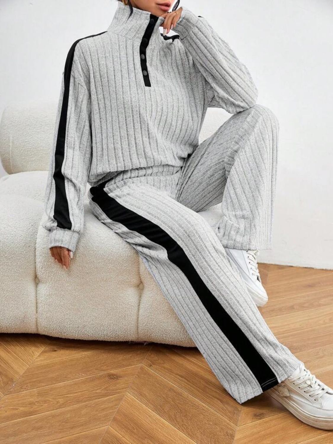 Contrast Collared Neck Long Sleeve Top and Pants Set Trendsi