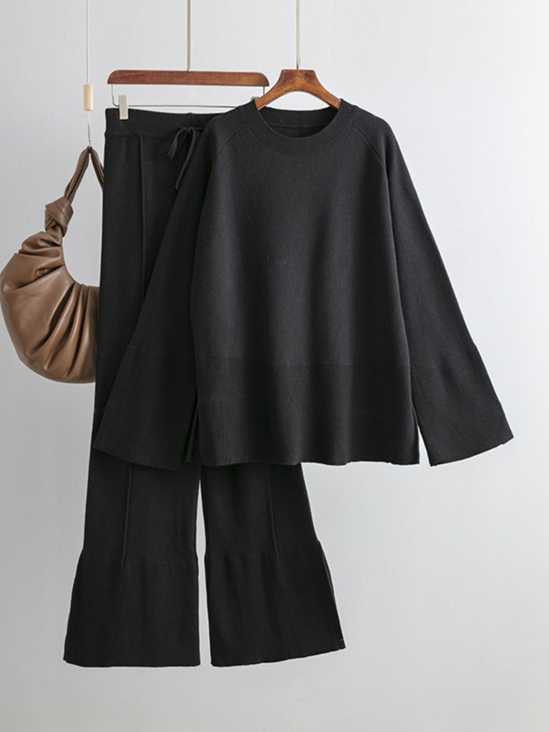 Basic Bae Slit Round Neck Long Sleeve Top and Drawstring Pants Sweater Set Trendsi