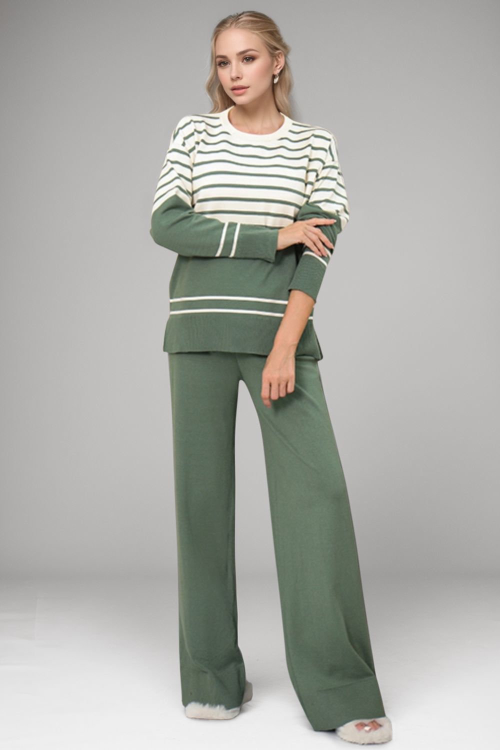 Basic Bae Striped Round Neck Long Sleeve Top and Pants Sweater Set Trendsi