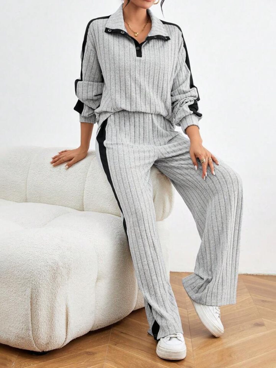 Contrast Collared Neck Long Sleeve Top and Pants Set Trendsi